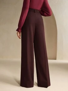 Anewsta 女士纯色时尚简约阔腿西装裤，休闲日常穿着 - 中紫紅色 - 查看 2