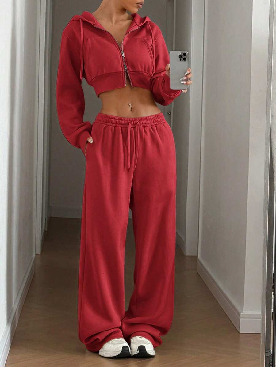 SHEIN EZwear 2 件套女士休闲纯色落肩宽松拉链连帽短款运动衫和宽松阔腿运动裤