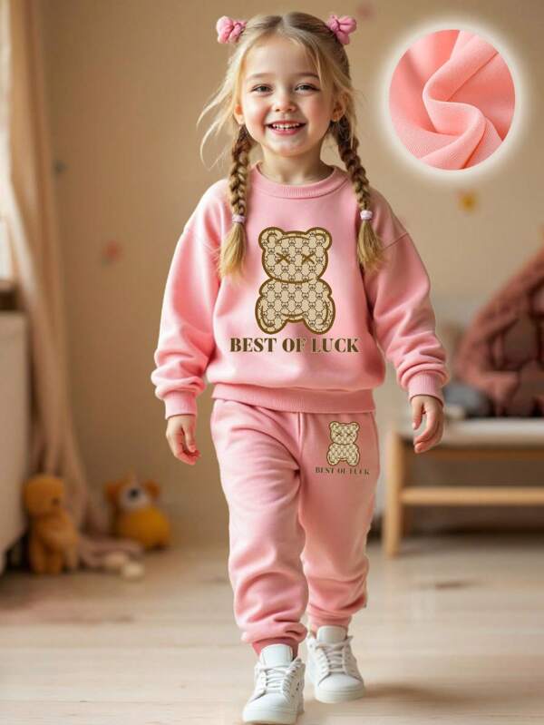 GraphicGems 2 pièces Ensemble de sweat-shirt et pantalon imprimé ours jeune fille et lettres, tenue décontractée et chaude pour l'automne/hiver