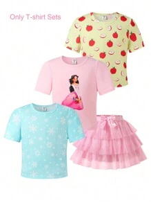 3 件套年轻女孩可爱公主苹果和雪花印花 T 恤，休闲日常穿着，春夏