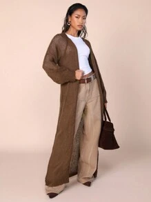 COSMINA 女士纯色休闲长袖长开衫，秋冬 - 棕色 - 查看 1