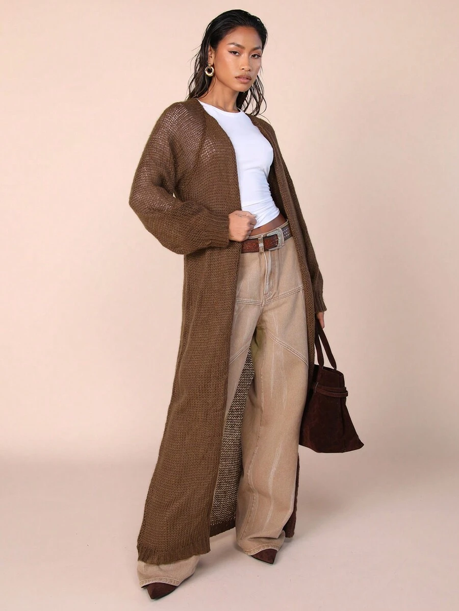 COSMINA 女士纯色休闲长袖长开衫，秋冬 - 棕色 - 查看 1