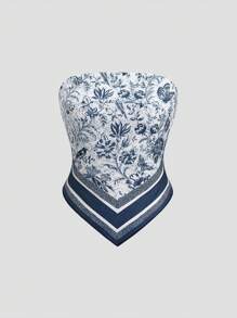 Sweetra 法国复古海军蓝印花头巾性感围巾三角形围巾，女式上衣 - 藍色 - 查看 1