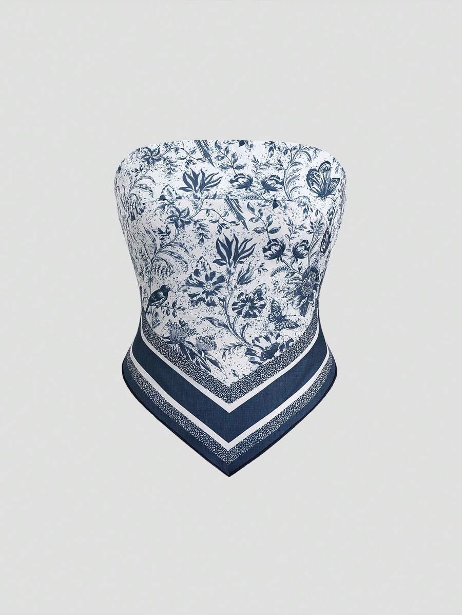 Sweetra 法国复古海军蓝印花头巾性感围巾三角形围巾，女式上衣 - 藍色 - 查看 1