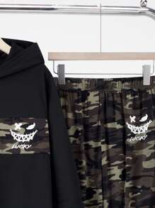 SHEIN Leap Crew 2pcs/Set Teen Boys Casual Comfortable Highly Attractive Camouflage Patchwork Graphic Hoodie & Sweatpants Two-Piece Set - Multicolor - View 3