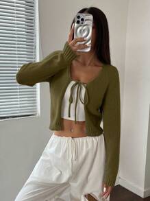 SHEIN Unity 女式纯色长袖系带休闲开衫，秋冬 - 綠色 - 查看 1