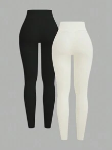 SHEIN PETITE CURVE Plus Size Solid Color High Waist Simple Fitted Leggings, Casual Daily Wear - Black and White - View 2