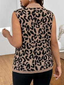 SHEIN Frenchy Plus Size Casual Elegant Leopard Print Splice Black Open Slit Sleeveless Sweater Vest Fall/Winter - Multicolor - View 2
