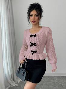 Chiquease 新品圆领长袖蝴蝶结装饰时尚休闲可爱女式套头毛衣 - 藕粉色 - 查看 4