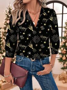 SHEIN LUNE Camisa casual de mujer con estampado de "Feliz Año Nuevo 2025", una prenda superior adecuada para otoño/invierno