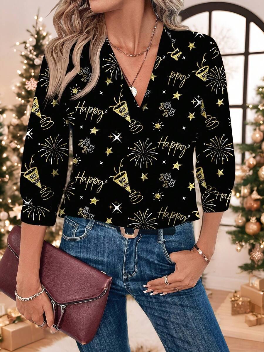 SHEIN LUNE Camisa casual de mujer con estampado de "Feliz Año Nuevo 2025", una prenda superior adecuada para otoño/invierno