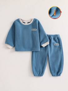 男婴字母印花长袖保暖内衬保暖休闲运动裤套装，弹力面料，适合男童秋冬季日常穿着 - 霧霾藍 - 查看 3