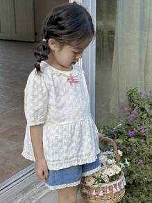 DAZY Young Girl Round Neck Short Sleeve Casual Shirt With Bow Decor,Girls Summer Outfits
