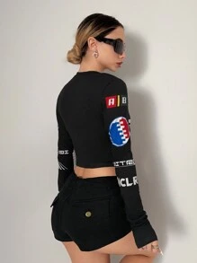 SHEIN DivaQ Top corto de manga larga con cremallera y gráfico de carreras, para salir de noche - Negro - Ver 2