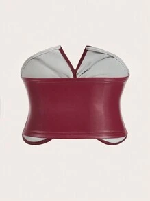 SHEIN Privé 大码优雅性感派对勃艮第扭纹无袖 PU 短款上衣，适合秋冬季女士 - 酒紅色 - 查看 2