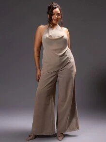 MUSERA Blusa con cuello halter y drapeado para talla grande, sexy, para salir, vacaciones, descanso, rave, concierto, festival en otoño e invierno