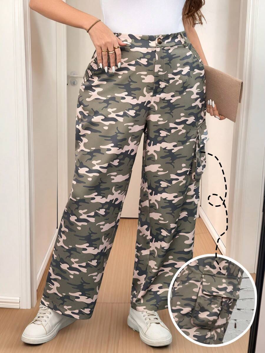 SHEIN LUNE 加大码前扣简约迷彩多口袋实用工装裤新年女士生日秋季女士服装情人节商务休闲 - 彩色 - 查看 1
