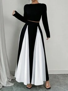 INAWLY Plus Size Elegant Solid Cropped Top And Contrasting Patchwork Skirt 2Pcs Set, Autumn Spring Clothes - Black - View 4