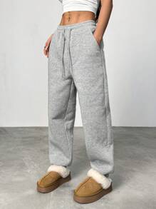 SHEIN EZwear Quần dài vải nỉ ấm áp đi chơi thường ngày cho nữ - Xám - Xem 4