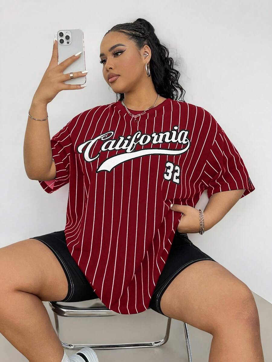 Coolane Plus Size Round Neck Short Sleeve Letter & Striped Print Casual Top, For Summer