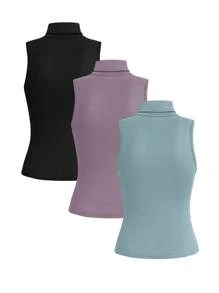 SHEIN LUNE 3pcs/Set Women's Solid Color High Neck Slim Fit Camisole - Multicolor - View 2