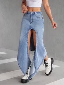 SHEIN EZwear 女式休闲前扣口袋开衩牛仔 A 字裙，简约设计 - 藍色 - 查看 1