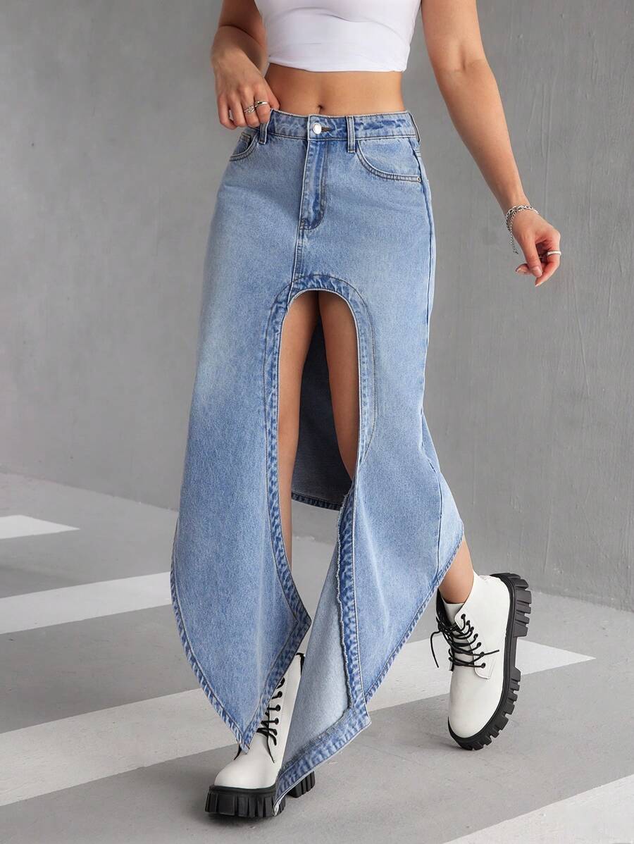 SHEIN EZwear 女式休闲前扣口袋开衩牛仔 A 字裙，简约设计 - 藍色 - 查看 1