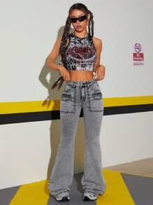 SHEIN ICON Jeans de mezclilla ajustados de tiro bajo con pierna acampanada para mujeres