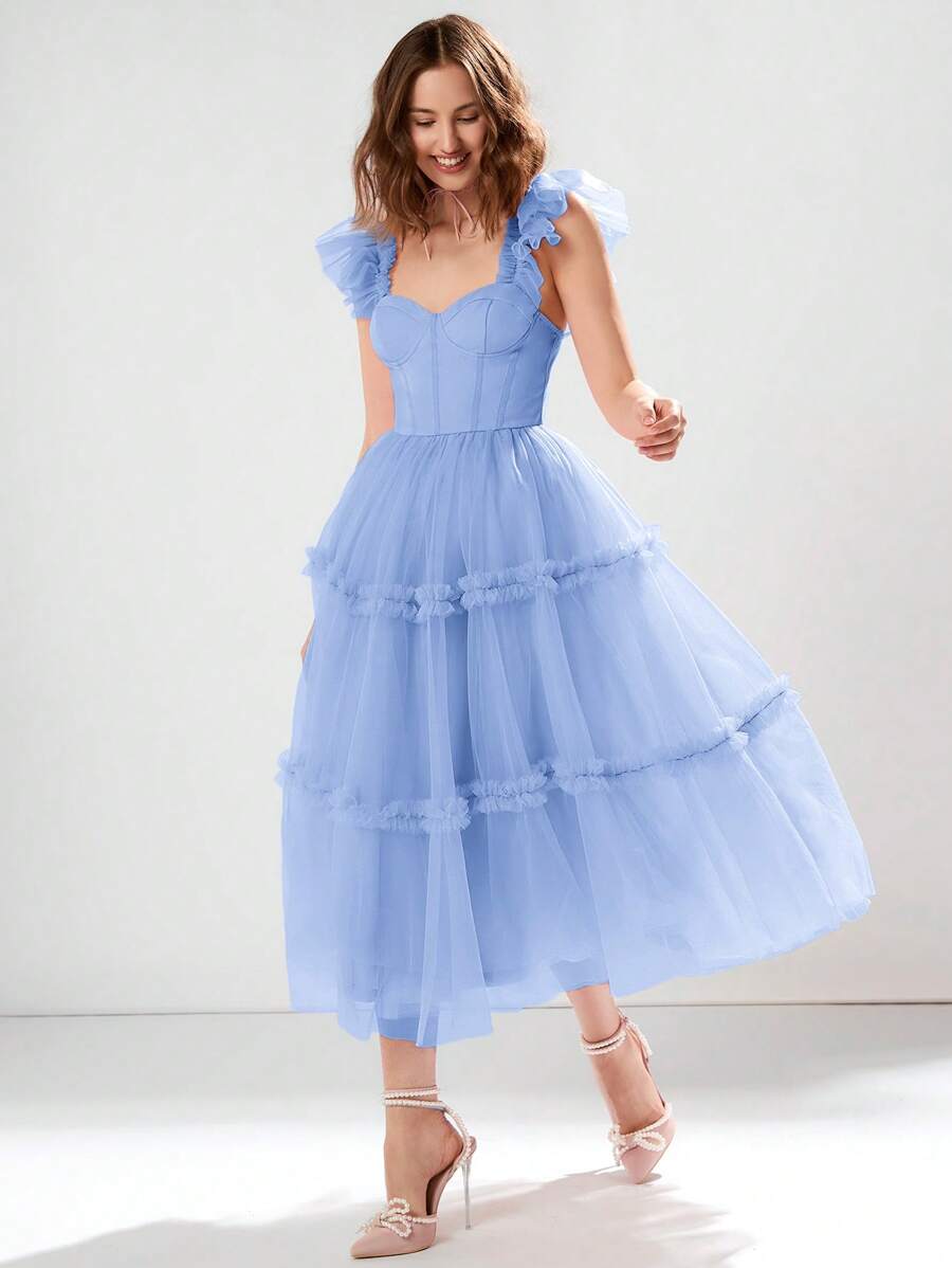 Enchnt 女士水钻领口网眼撞色简约优雅连衣裙