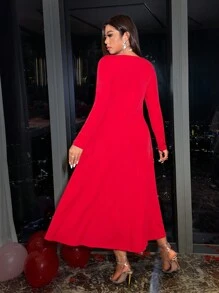 Allurite Vestido elegante retro y romántico de cuello cuadrado rojo, de talla grande, con mangas largas acampanadas y abertura lateral, adecuado para Navidad, San Valentín, vacaciones, fiestas, cumpleaños