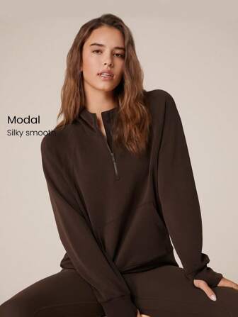 GLOWMODE Modal Seide-Feeling Oversized Langarm Halb-Zip Kapuzenpullover Herbst