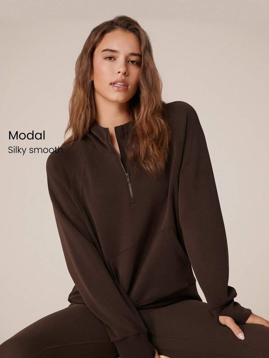Modal Silk Touch Oversized Long Sleeve Half-Zip Hoodie  Spring Summer - Chocolate Brown - View 1