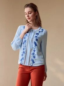 MOTF PREMIUM FLORAL EMBROIDERY TIE NECK BLOUSE,SPRING/SUMMER