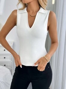 SHEIN LUNE 女式 Polo 领修身运动背心，休闲而优雅，适合日常穿着和休闲外出上衣 - 白色 - 查看 6