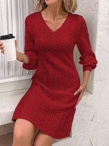 SHEIN Clasi Women's Solid Color V-Neck Long Sleeve Casual Short Dress, Autumn