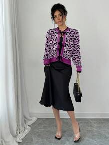 SHEIN Unity Cárdigan con estampado de leopardo y lazo frontal para mujer - Morado - Ver 4