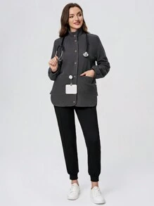TaskEZ Plush Stand Collar Side Slit Women Scrub Uniform Jacket - Grey - View 5