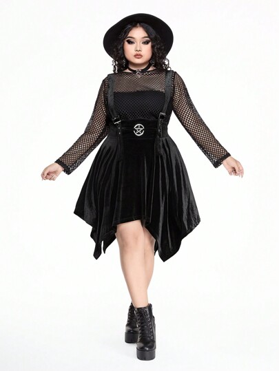 Goth Dark Goth Pentagram Metal Decor Plus Size Women Asymmetrical Hem Suspender A-Line Skirt