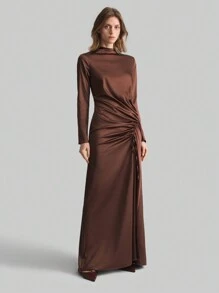 Ontre Women's Extra Long Dress With Slit And Pleating, Elegant Design - Brown - View 5