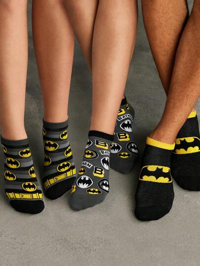 BATMAN X SHEIN 3 Pairs Bat Logo And Letter Pattern Colorblock Ankle Socks,Reinforced Toe And Heel, Suitable For All Seasons, Unisex,Men,Women Cartoon Socks