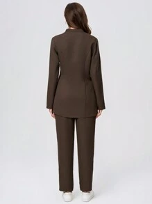 Scrubzie 2pcs Women Scrub Uniform Set Including Stand Collar Long Sleeve Top And Pants, Wrinkle Resistant - Brown - View 2