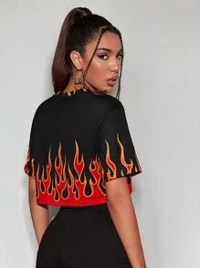 Coolane Women's Flame Print Crop Sleeve Cropped Casual T-Shirt For Summer - Red - View 2