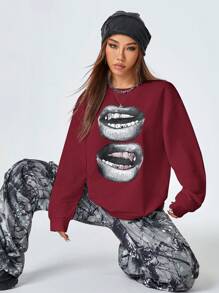 Coolane Jumper Longgar Kasual Bergambar Gaya Streetwear Y2K untuk Wanita - Burgundy - View 6