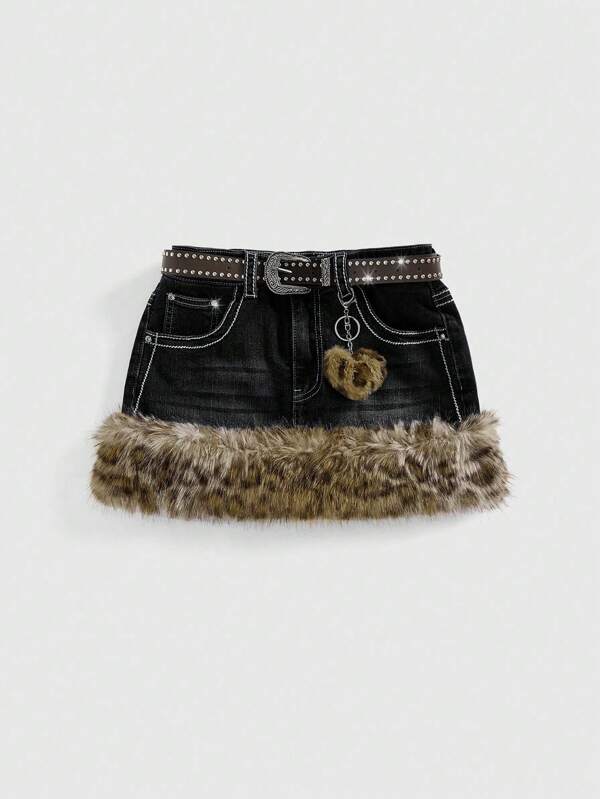 ROMWE Kawaii Y2K Gyaru Retro Leopard Print Fluffy Hem Women's Mini Low-Waisted Skirt With Belt Accessory