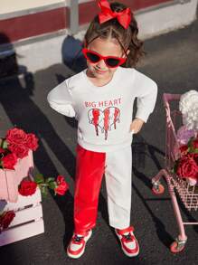 2 件年轻女孩融化心印花运动衫和拼色长款 PU 皮裤套装，展现时尚街头风格，适合上学、郊游、四季和情人节穿着 - 彩色 - 查看 7