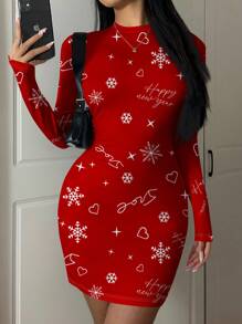 SHEIN Essnce Women's Casual Basic Holiday Sexy Long Sleeve Bodycon Midi Club Dress, Christmas Outfit