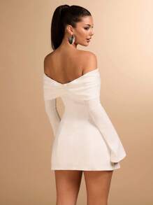 SHEIN BAE 女士秋季露肩长袖蝴蝶结装饰鸡尾酒会礼服，适合派对、约会之夜夏季女士服装/春季服装/情人节服装/狂欢节/海滩度假服装，白色毕业礼服 - 白色 - 查看 2