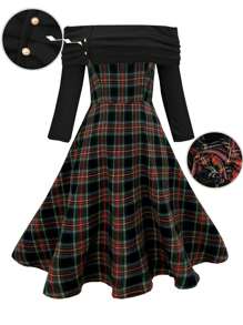 SHEIN Clasi Plus Size Elegant Lady Off Shoulder Plaid Splice Texture Fabric Long Sleeve Dress, Christmas, Autumn/Winter Fall Cloth For Women - Black - View 1