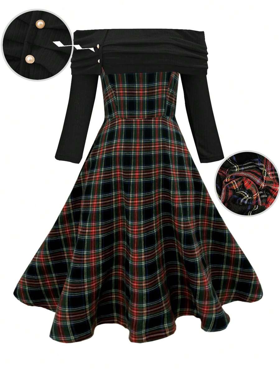 SHEIN Clasi Plus Size Elegant Lady Off Shoulder Plaid Splice Texture Fabric Long Sleeve Dress, Christmas, Autumn/Winter Fall Cloth For Women - Black - View 1