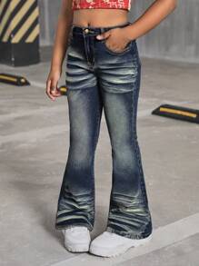 SHEIN SLAYR KIDS Tween Girls Y2K Retro Washed 70S Flare Leg Jeans With Slanted Pocket,Tween Girl Fall Clothes Back To School Clothes Outfits - Dark Wash - View 7